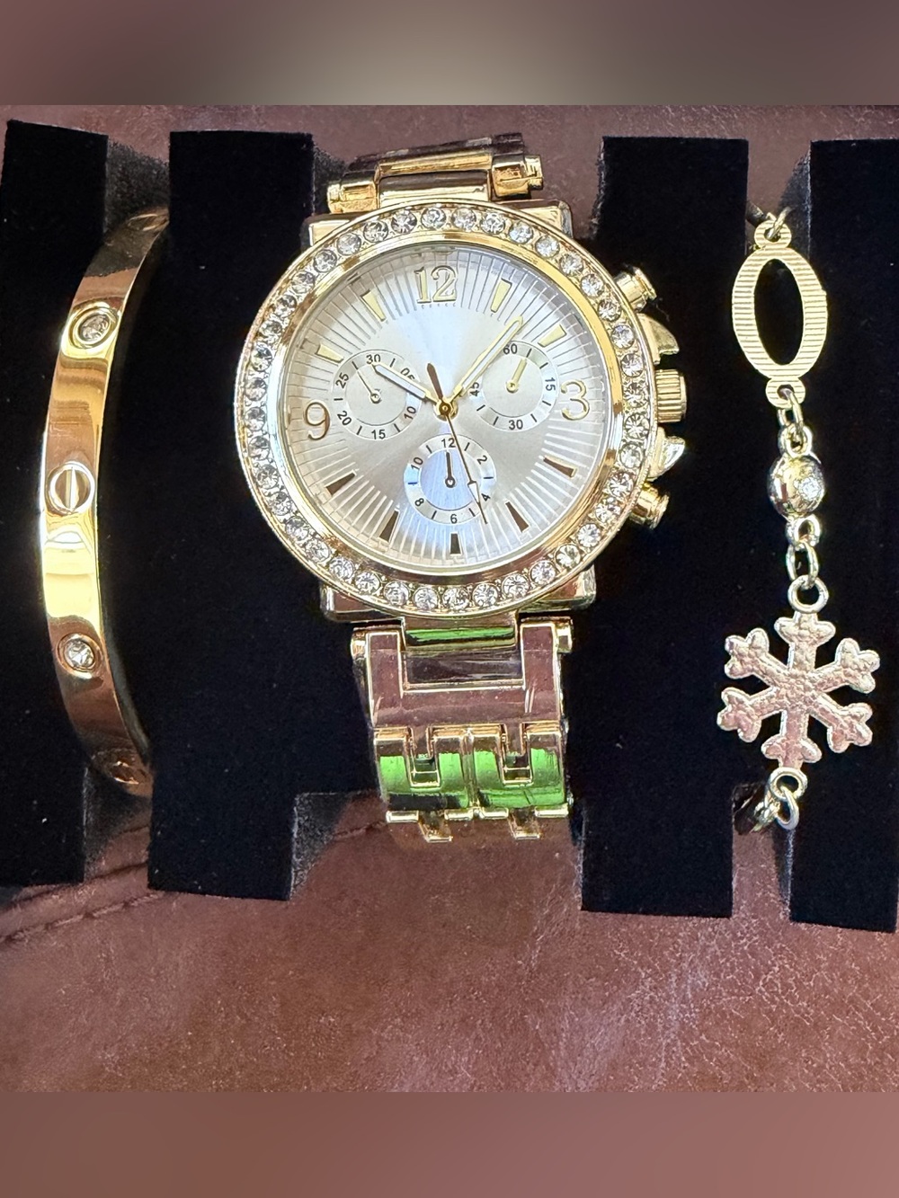 3pcs diamond gold watch set